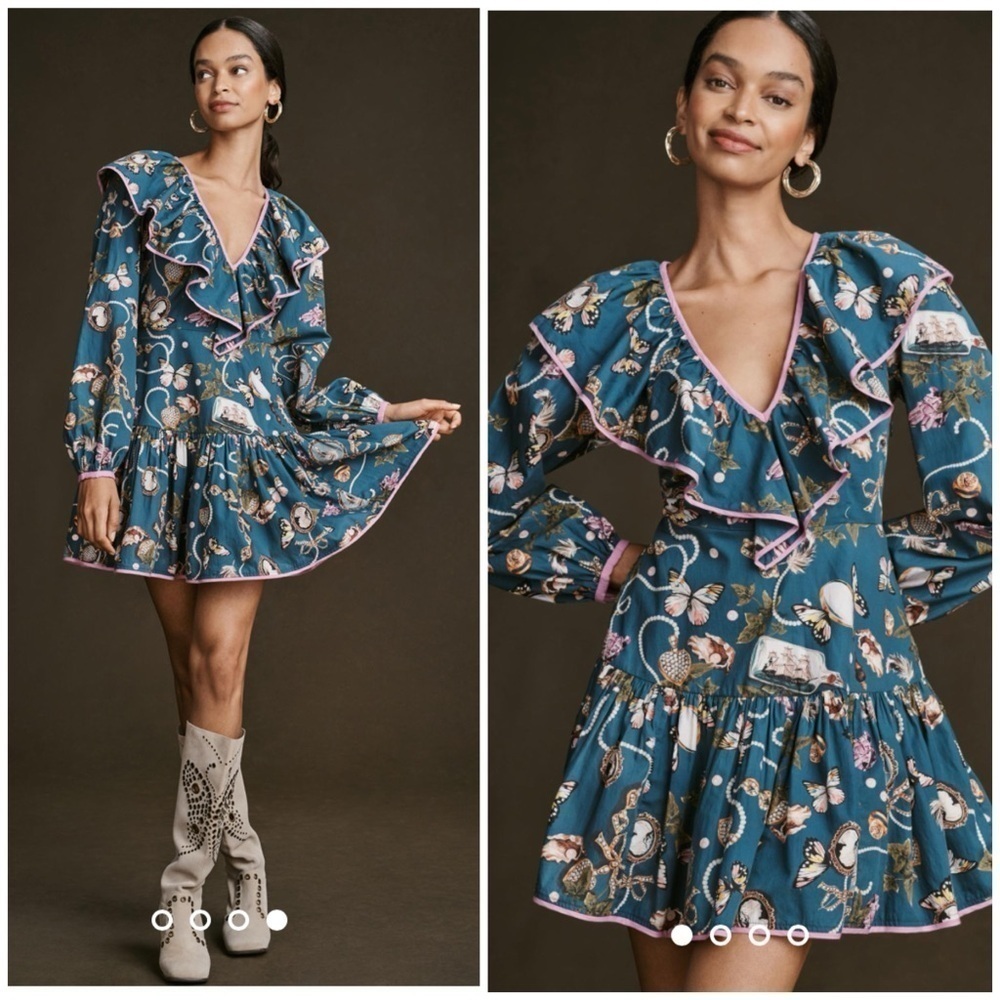 Maeve Long-Sleeve Ruffled V-Neck Printed Mini Dress Womens 8 Navy